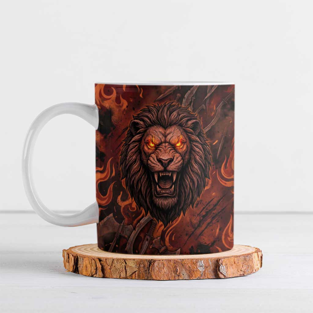Maahes Ceramic Mug Ancient Egyptian Fiery Red Flame - Roaring Lion Head - Wonder Print Shop