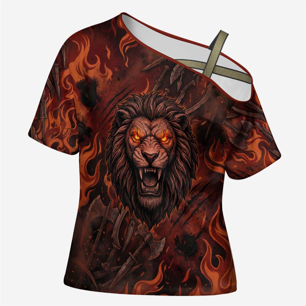 Maahes Cross Shoulder Shirt Ancient Egyptian Fiery Red Flame - Roaring Lion Head - Wonder Print Shop