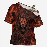 Maahes Cross Shoulder Shirt Ancient Egyptian Fiery Red Flame - Roaring Lion Head - Wonder Print Shop