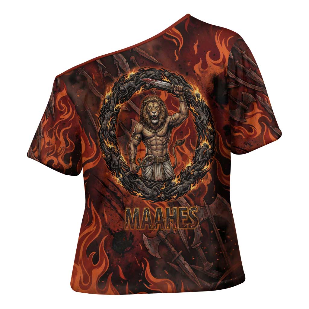 Maahes Cross Shoulder Shirt Ancient Egyptian Fiery Red Flame - Roaring Lion Head - Wonder Print Shop