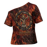 Maahes Cross Shoulder Shirt Ancient Egyptian Fiery Red Flame - Roaring Lion Head - Wonder Print Shop