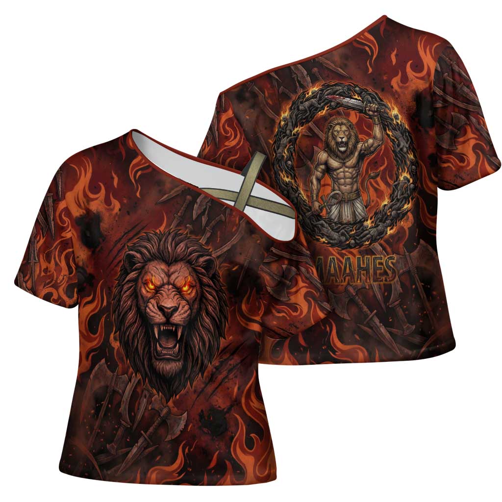 Maahes Cross Shoulder Shirt Ancient Egyptian Fiery Red Flame - Roaring Lion Head - Wonder Print Shop
