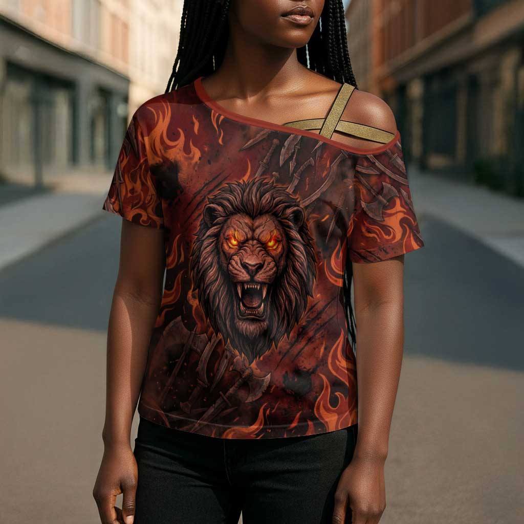 Maahes Cross Shoulder Shirt Ancient Egyptian Fiery Red Flame - Roaring Lion Head - Wonder Print Shop