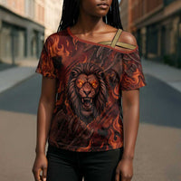 Maahes Cross Shoulder Shirt Ancient Egyptian Fiery Red Flame - Roaring Lion Head - Wonder Print Shop