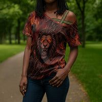 Maahes Cross Shoulder Shirt Ancient Egyptian Fiery Red Flame - Roaring Lion Head - Wonder Print Shop