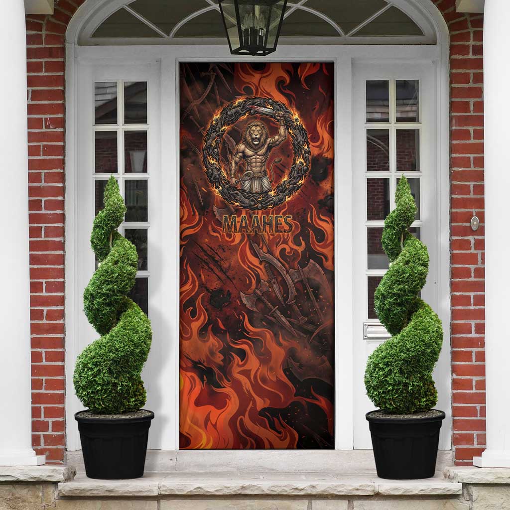 Maahes Door Cover Ancient Egyptian Fiery Red Flame - Roaring Lion Head - Wonder Print Shop