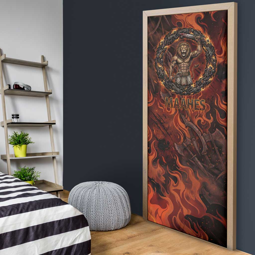 Maahes Door Cover Ancient Egyptian Fiery Red Flame - Roaring Lion Head - Wonder Print Shop