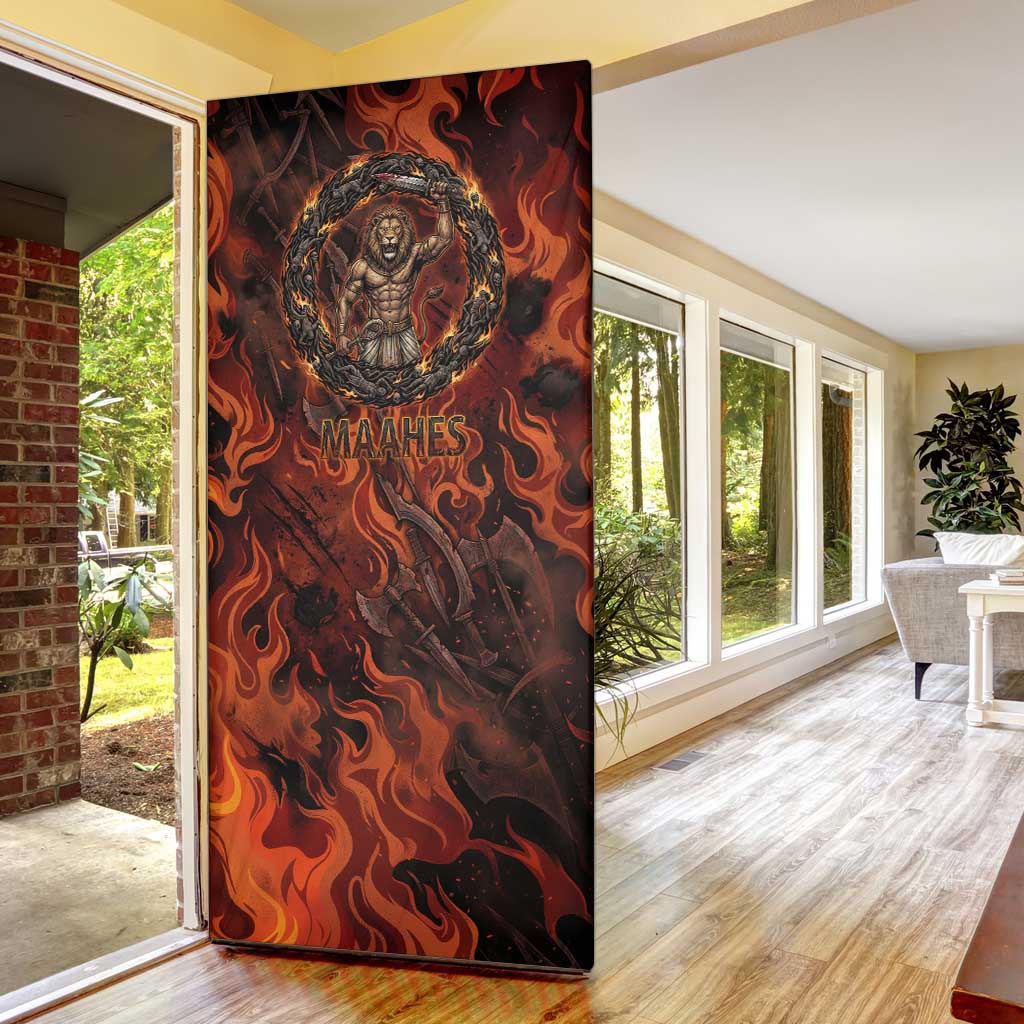 Maahes Door Cover Ancient Egyptian Fiery Red Flame - Roaring Lion Head - Wonder Print Shop