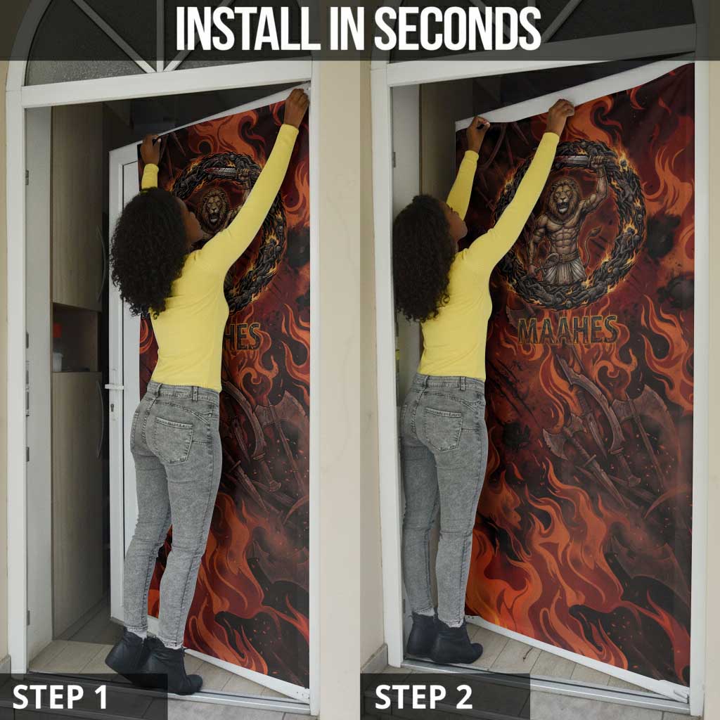 Maahes Door Cover Ancient Egyptian Fiery Red Flame - Roaring Lion Head - Wonder Print Shop