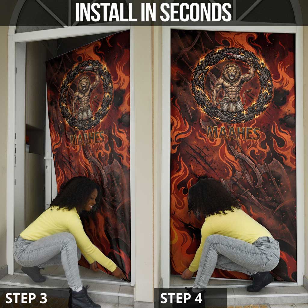 Maahes Door Cover Ancient Egyptian Fiery Red Flame - Roaring Lion Head - Wonder Print Shop