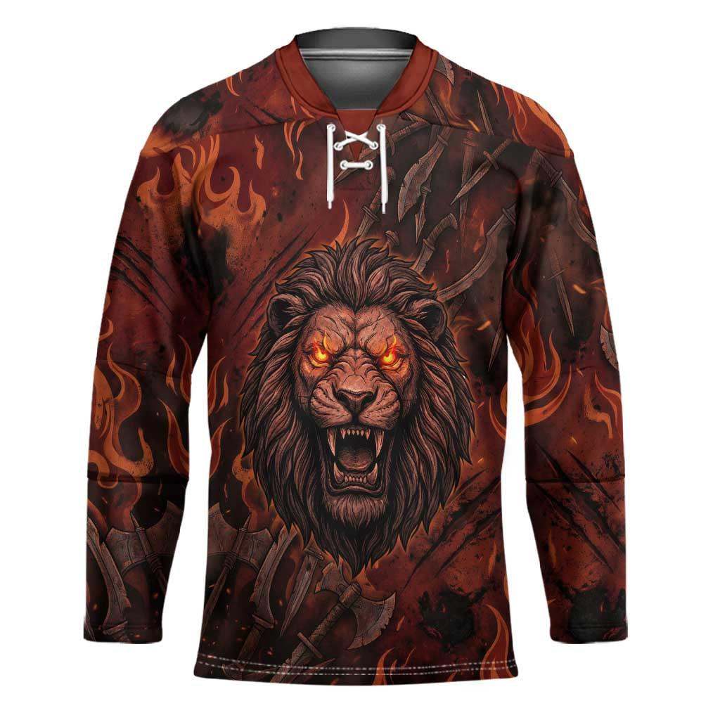 Maahes Hockey Jersey Ancient Egyptian Fiery Red Flame - Roaring Lion Head - Wonder Print Shop