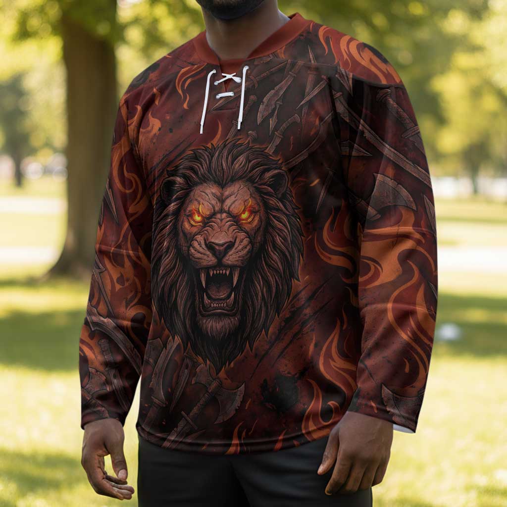 Maahes Hockey Jersey Ancient Egyptian Fiery Red Flame - Roaring Lion Head - Wonder Print Shop