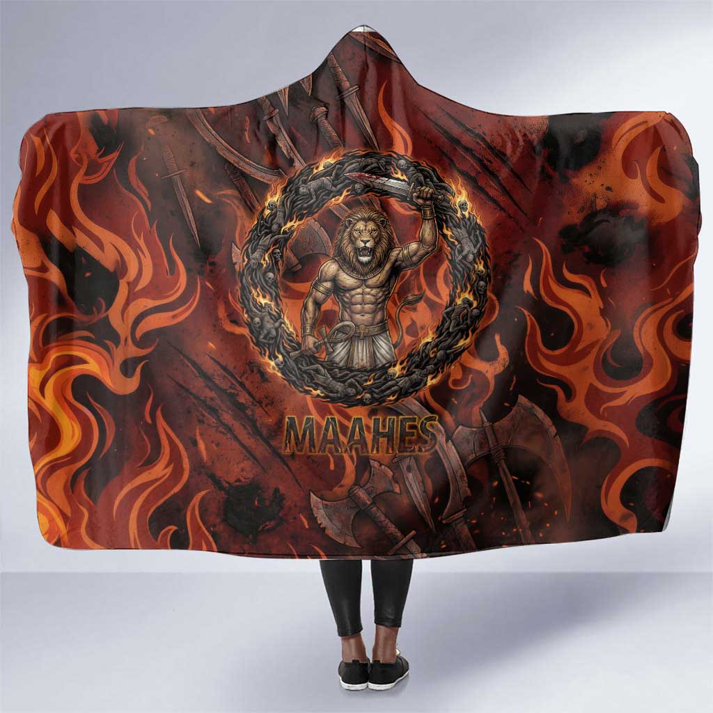 Maahes Hooded Blanket Ancient Egyptian Fiery Red Flame - Roaring Lion Head - Wonder Print Shop