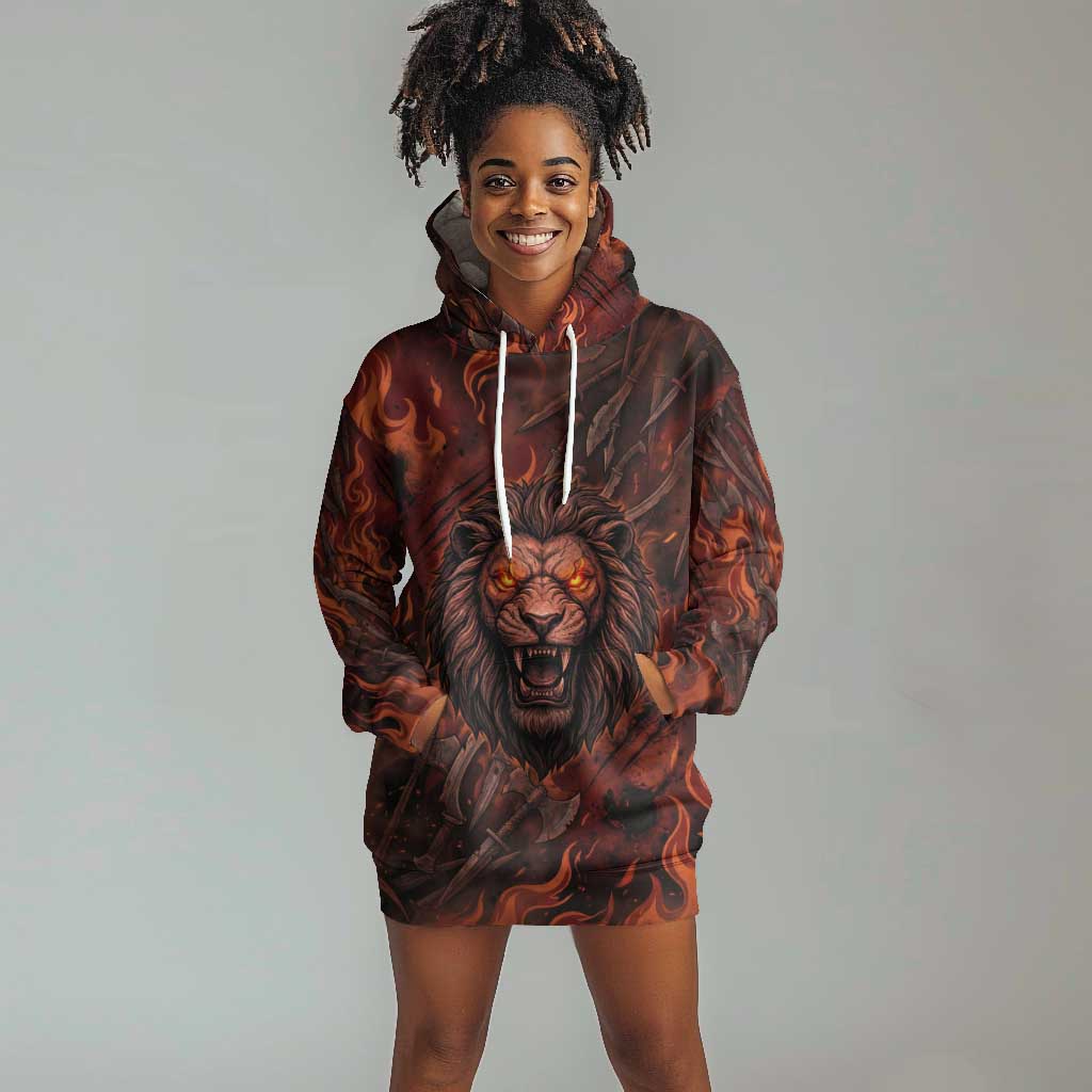 Maahes Hoodie Dress Ancient Egyptian Fiery Red Flame - Roaring Lion Head - Wonder Print Shop