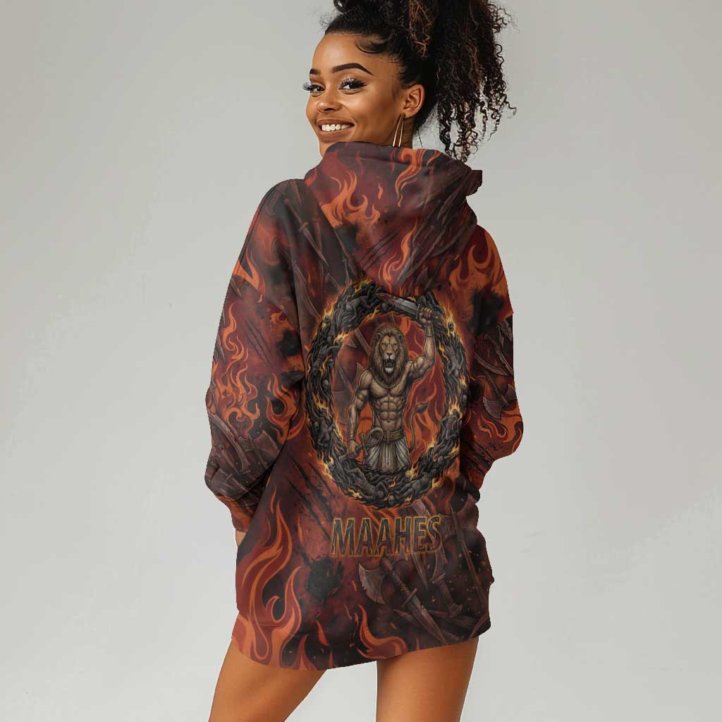 Maahes Hoodie Dress Ancient Egyptian Fiery Red Flame - Roaring Lion Head - Wonder Print Shop