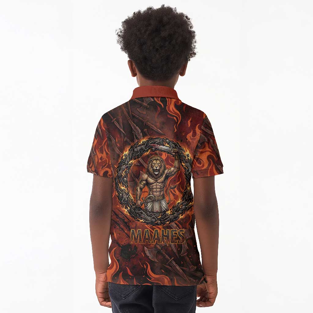 Maahes Kid Polo Shirt Ancient Egyptian Fiery Red Flame - Roaring Lion Head - Wonder Print Shop