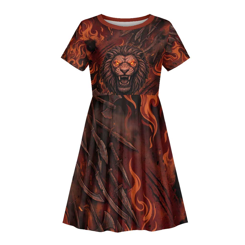 Maahes Kid Short Sleeve Dress Ancient Egyptian Fiery Red Flame - Roaring Lion Head - Wonder Print Shop