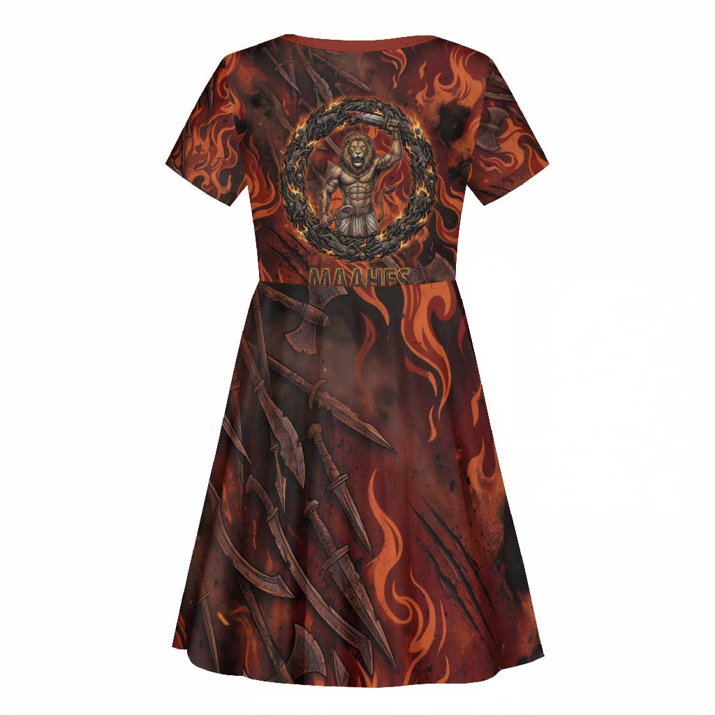 Maahes Kid Short Sleeve Dress Ancient Egyptian Fiery Red Flame - Roaring Lion Head - Wonder Print Shop