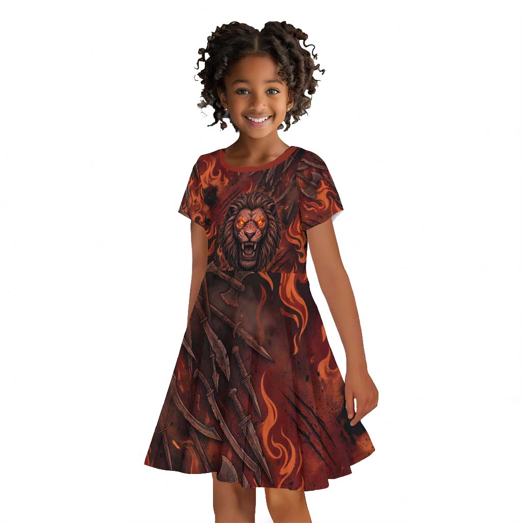Maahes Kid Short Sleeve Dress Ancient Egyptian Fiery Red Flame - Roaring Lion Head - Wonder Print Shop