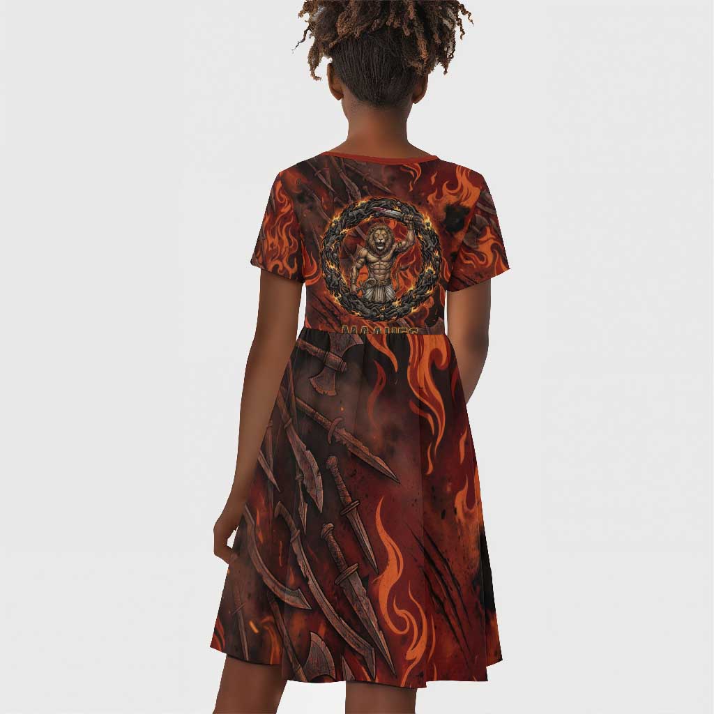Maahes Kid Short Sleeve Dress Ancient Egyptian Fiery Red Flame - Roaring Lion Head - Wonder Print Shop
