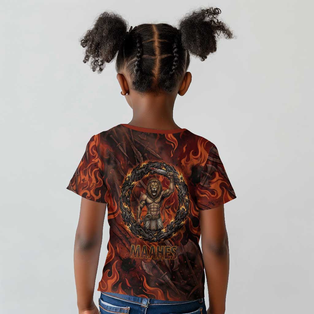 Maahes Kid T shirt Ancient Egyptian Fiery Red Flame - Roaring Lion Head - Wonder Print Shop