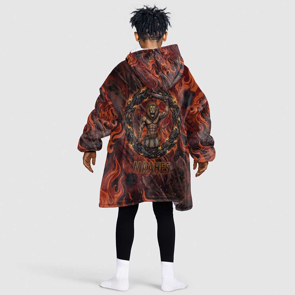Maahes Kid Wearable Blanket Hoodie Ancient Egyptian Fiery Red Flame - Roaring Lion Head - Wonder Print Shop