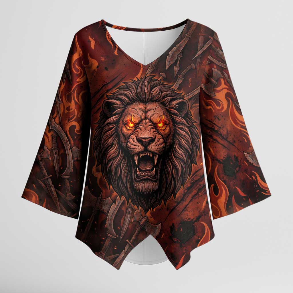 Maahes Kimono Sleeve Blouse Ancient Egyptian Fiery Red Flame - Roaring Lion Head - Wonder Print Shop