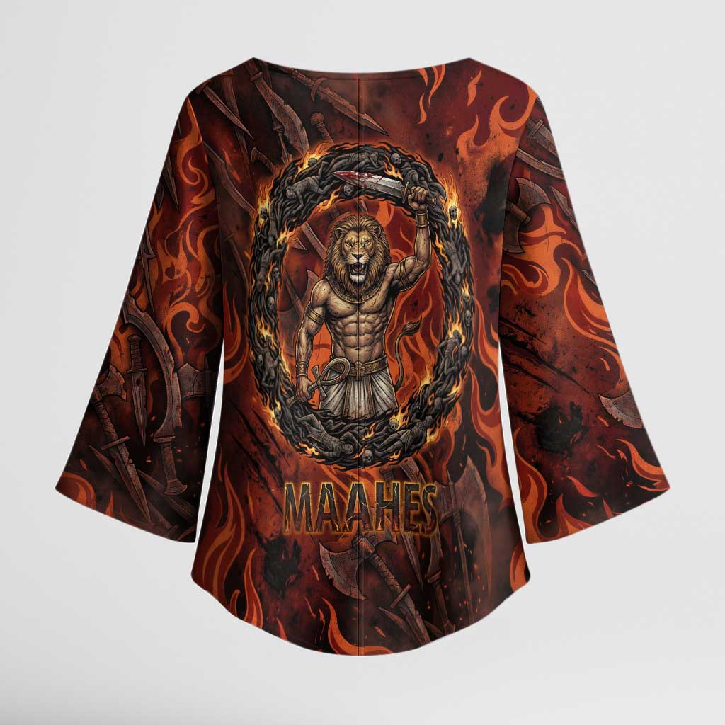 Maahes Kimono Sleeve Blouse Ancient Egyptian Fiery Red Flame - Roaring Lion Head - Wonder Print Shop