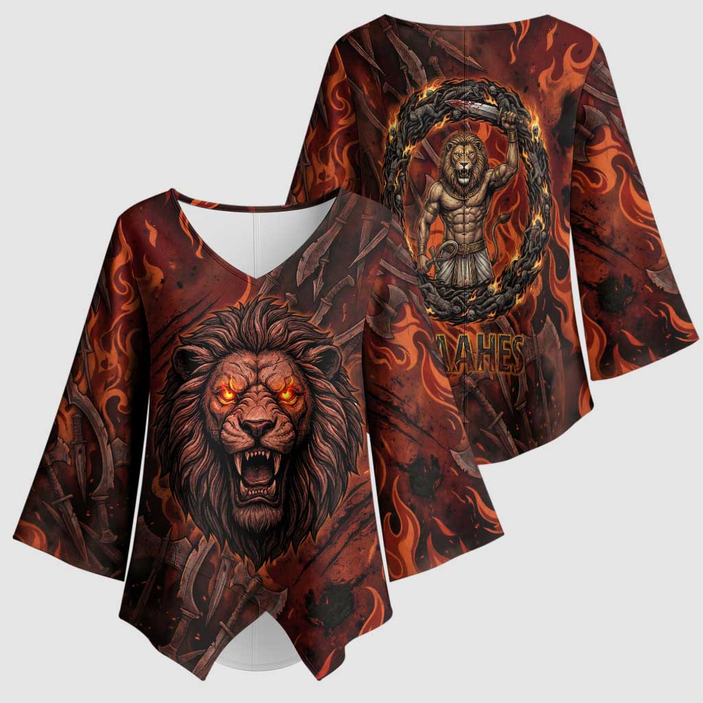 Maahes Kimono Sleeve Blouse Ancient Egyptian Fiery Red Flame - Roaring Lion Head - Wonder Print Shop