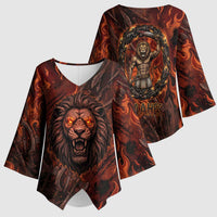 Maahes Kimono Sleeve Blouse Ancient Egyptian Fiery Red Flame - Roaring Lion Head - Wonder Print Shop