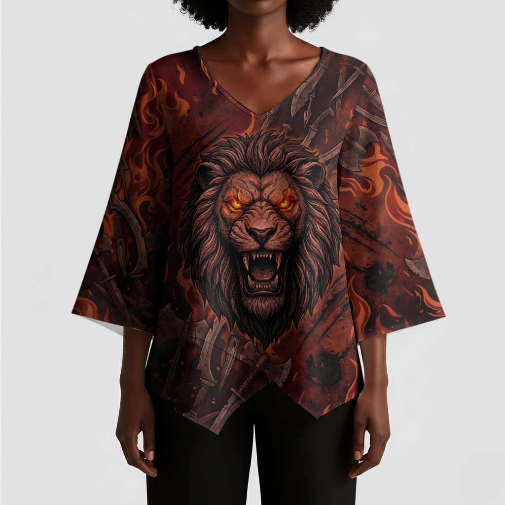 Maahes Kimono Sleeve Blouse Ancient Egyptian Fiery Red Flame - Roaring Lion Head - Wonder Print Shop
