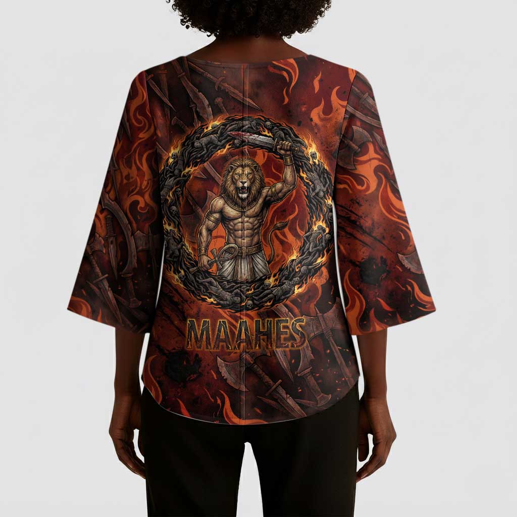Maahes Kimono Sleeve Blouse Ancient Egyptian Fiery Red Flame - Roaring Lion Head - Wonder Print Shop