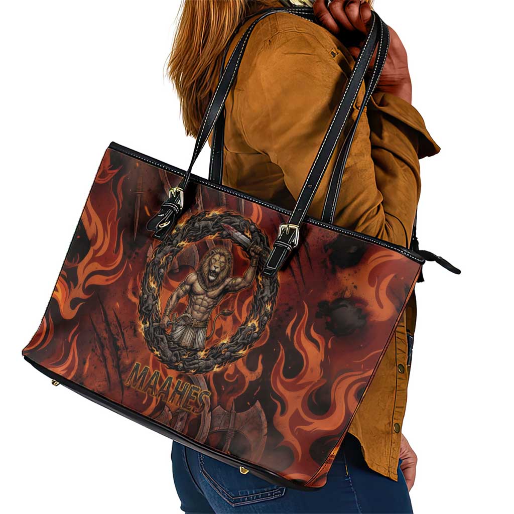 Maahes Leather Tote Bag Ancient Egyptian Fiery Red Flame - Roaring Lion Head - Wonder Print Shop