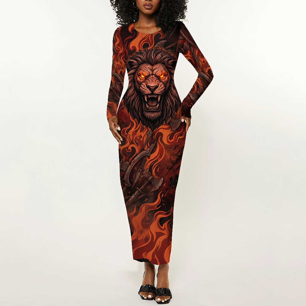 Maahes Long Sleeve Bodycon Dress Ancient Egyptian Fiery Red Flame - Roaring Lion Head - Wonder Print Shop