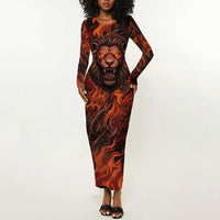 Maahes Long Sleeve Bodycon Dress Ancient Egyptian Fiery Red Flame - Roaring Lion Head - Wonder Print Shop