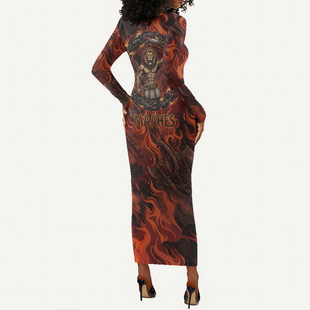 Maahes Long Sleeve Bodycon Dress Ancient Egyptian Fiery Red Flame - Roaring Lion Head - Wonder Print Shop