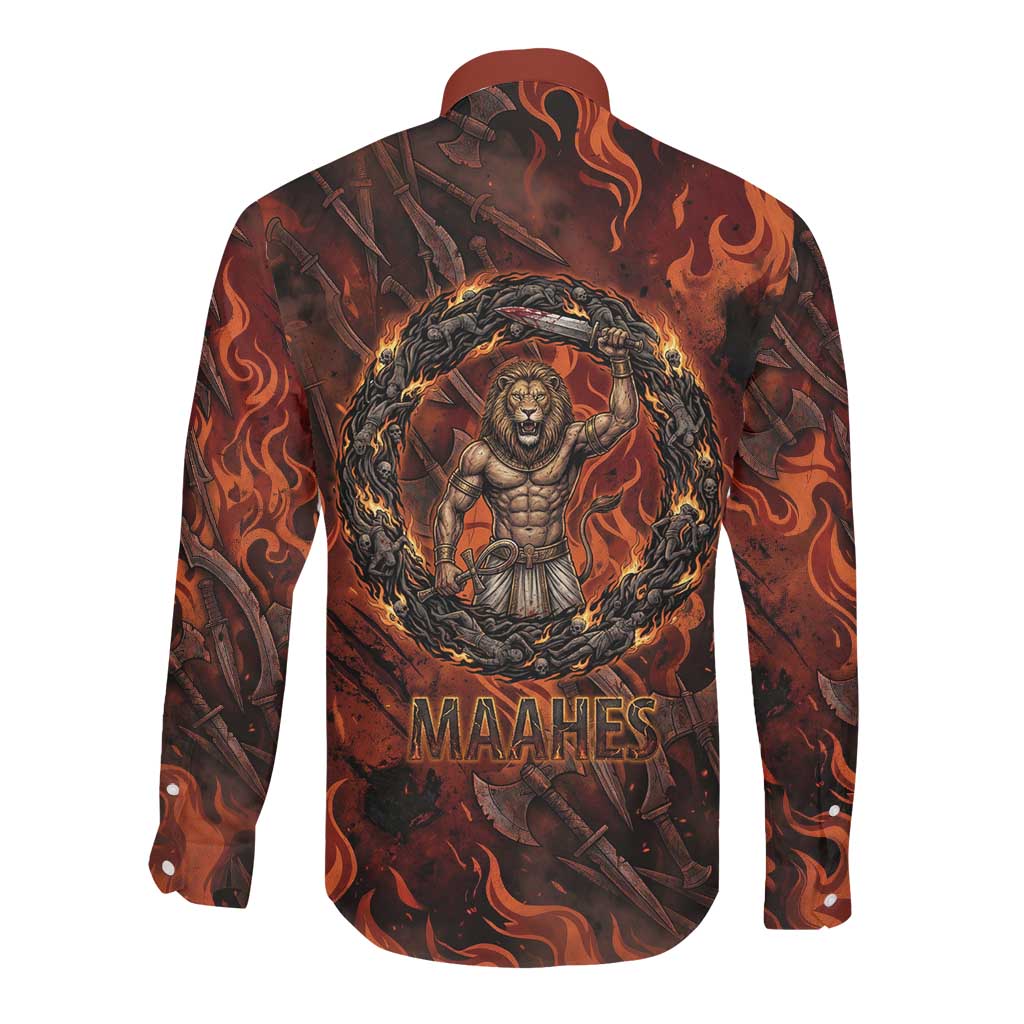 Maahes Long Sleeve Button Shirt Ancient Egyptian Fiery Red Flame - Roaring Lion Head - Wonder Print Shop
