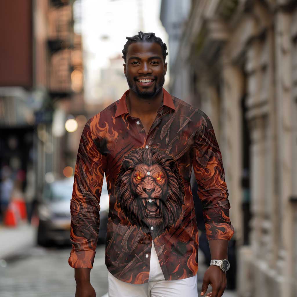 Maahes Long Sleeve Button Shirt Ancient Egyptian Fiery Red Flame - Roaring Lion Head - Wonder Print Shop