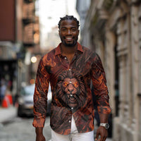 Maahes Long Sleeve Button Shirt Ancient Egyptian Fiery Red Flame - Roaring Lion Head - Wonder Print Shop