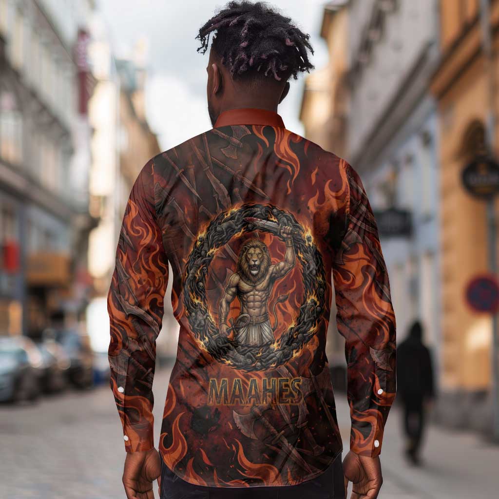 Maahes Long Sleeve Button Shirt Ancient Egyptian Fiery Red Flame - Roaring Lion Head - Wonder Print Shop