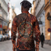Maahes Long Sleeve Button Shirt Ancient Egyptian Fiery Red Flame - Roaring Lion Head - Wonder Print Shop