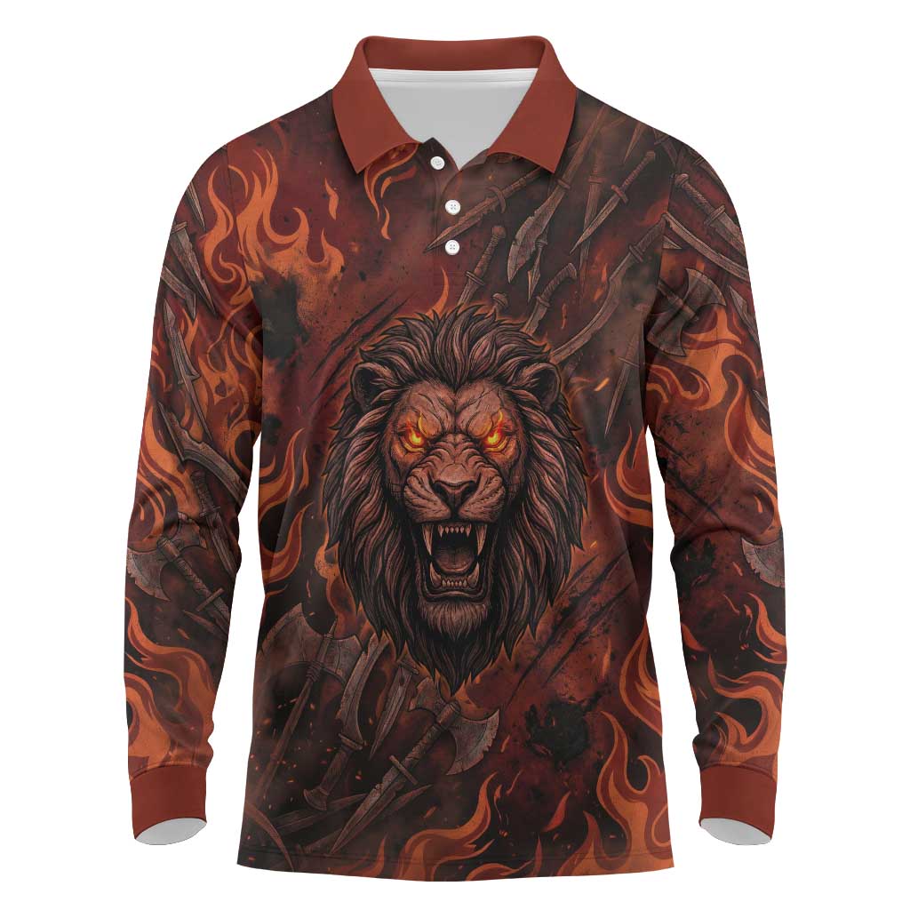 Maahes Long Sleeve Polo Shirt Ancient Egyptian Fiery Red Flame - Roaring Lion Head - Wonder Print Shop