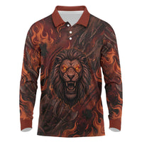 Maahes Long Sleeve Polo Shirt Ancient Egyptian Fiery Red Flame - Roaring Lion Head - Wonder Print Shop