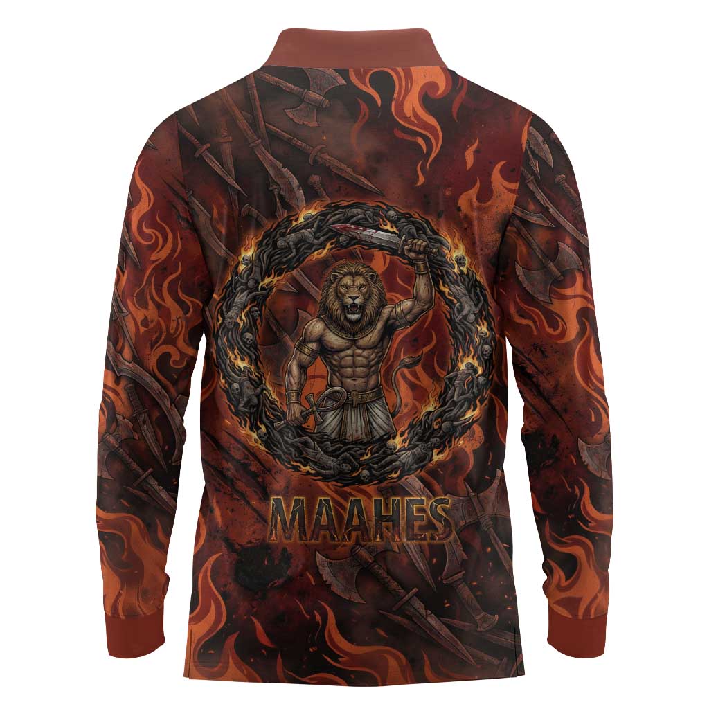 Maahes Long Sleeve Polo Shirt Ancient Egyptian Fiery Red Flame - Roaring Lion Head - Wonder Print Shop