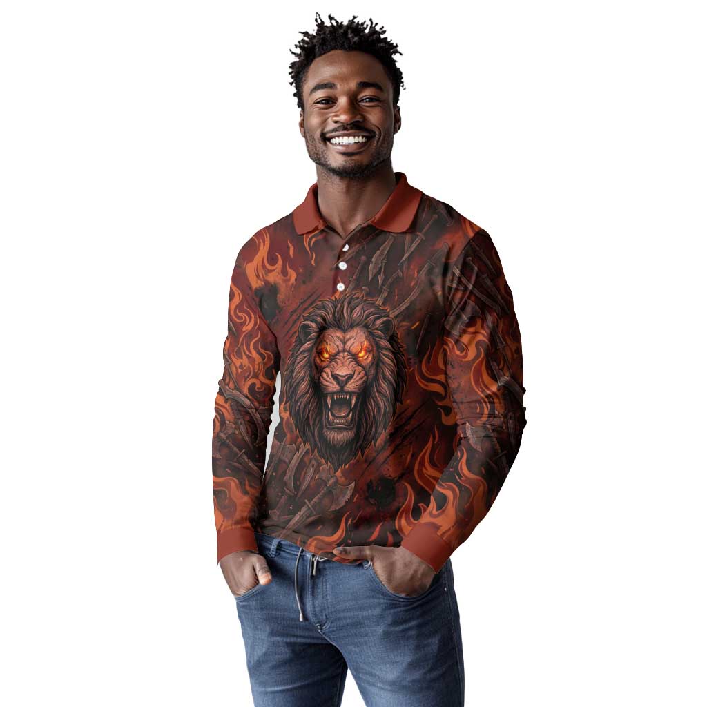 Maahes Long Sleeve Polo Shirt Ancient Egyptian Fiery Red Flame - Roaring Lion Head - Wonder Print Shop