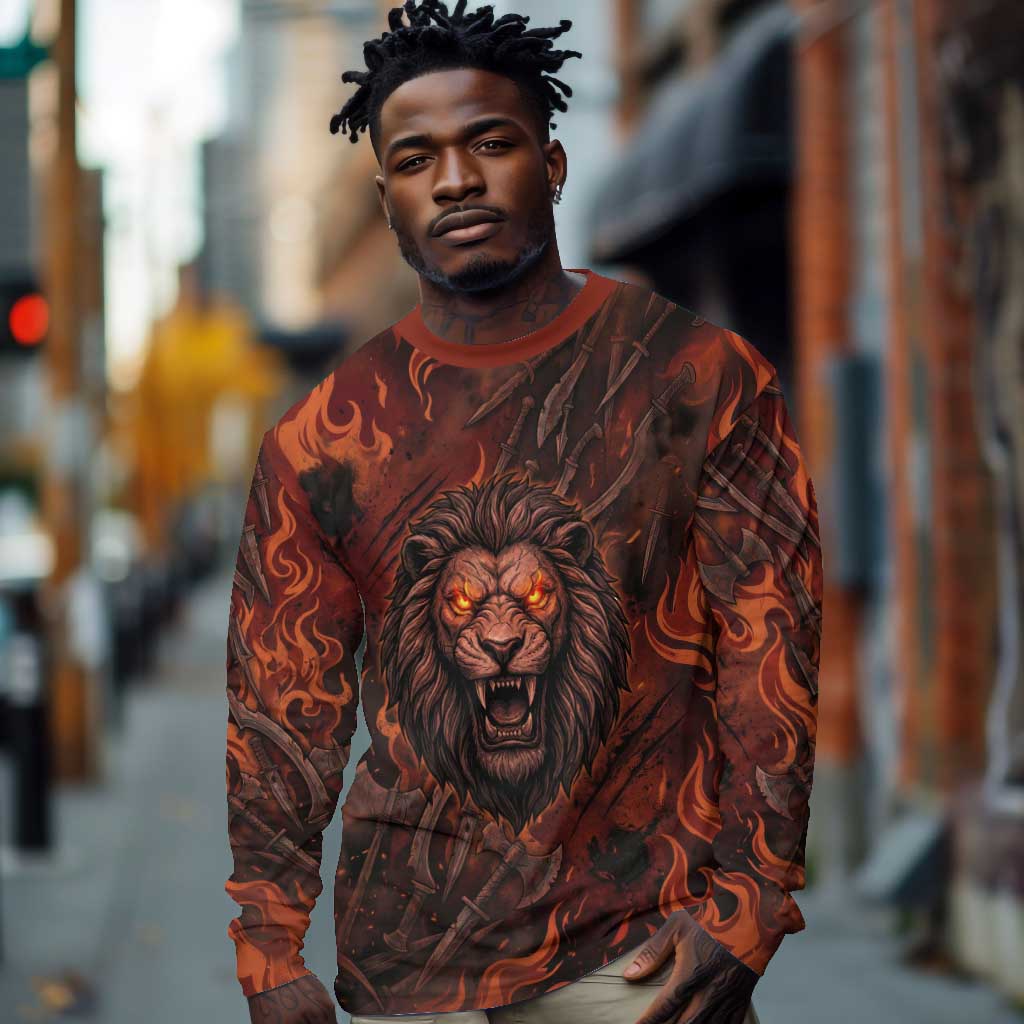 Maahes Long Sleeve Shirt Ancient Egyptian Fiery Red Flame - Roaring Lion Head - Wonder Print Shop