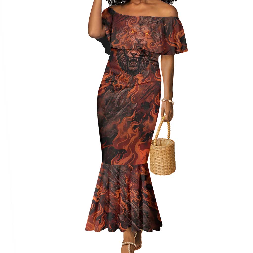 Maahes Mermaid Dress Ancient Egyptian Fiery Red Flame - Roaring Lion Head - Wonder Print Shop