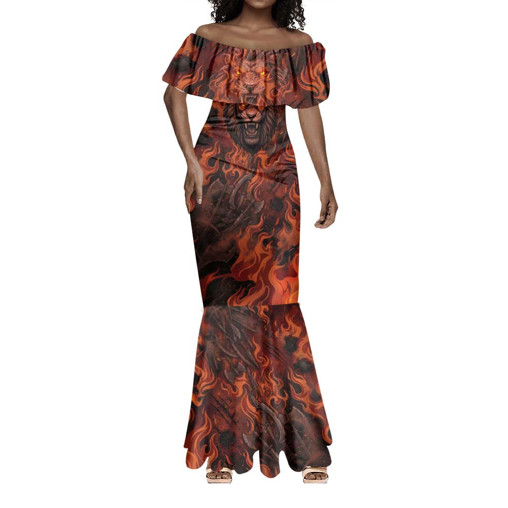 Maahes Mermaid Dress Ancient Egyptian Fiery Red Flame - Roaring Lion Head - Wonder Print Shop