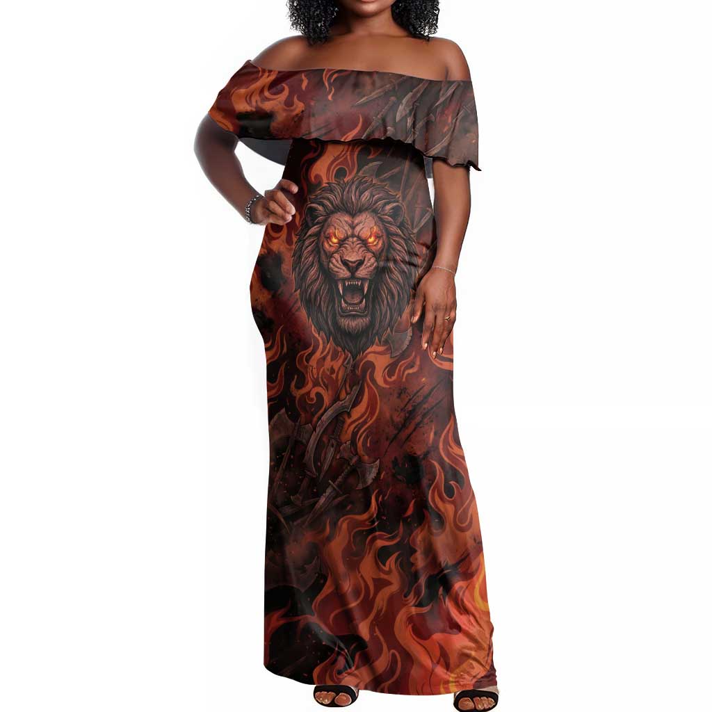 Maahes Off Shoulder Maxi Dress Ancient Egyptian Fiery Red Flame - Roaring Lion Head - Wonder Print Shop