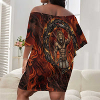 Maahes Off Shoulder Short Dress Ancient Egyptian Fiery Red Flame - Roaring Lion Head - Wonder Print Shop